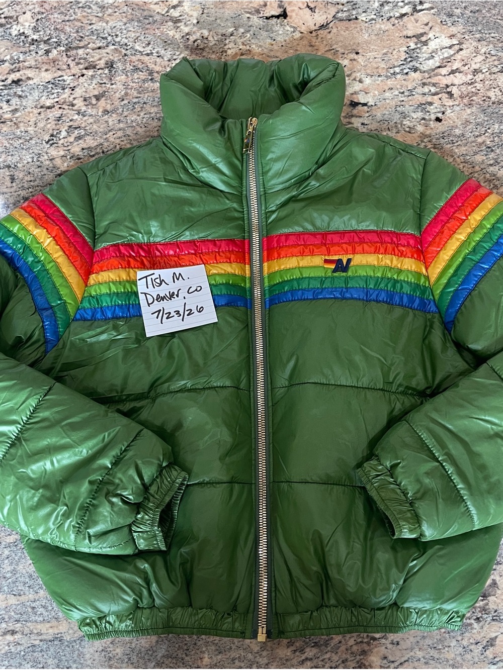 6 STRIPE LUXE APRES PUFFER JACKET GLOSSY GARDEN GREEN - Picture 2 of 4